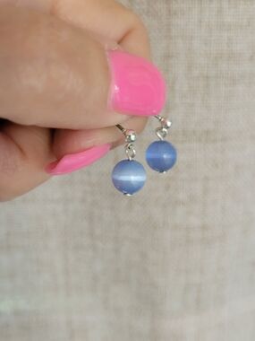 Blue Cat's Eye Bead Tiny Dangle Earrings - Women Jewelry